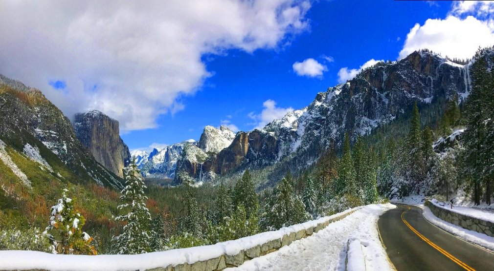 游览冬季雪优胜美地隧道景观优胜美地